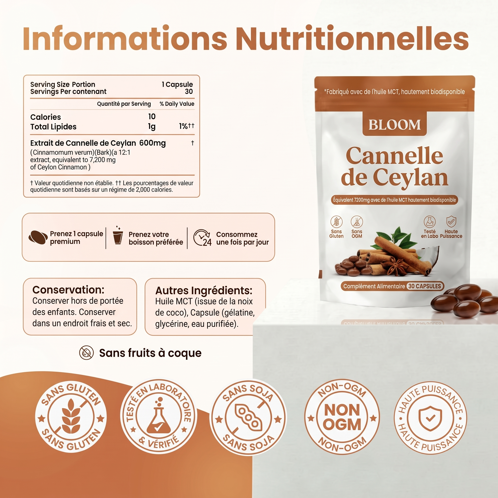 Cannelle de Ceylan – équivalent de 7 200 mg, avec huile TCM