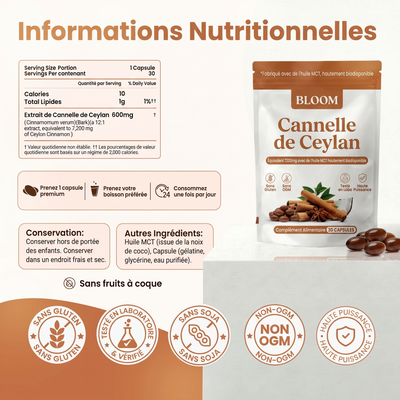 Cannelle de Ceylan – équivalent de 7 200 mg, avec huile TCM